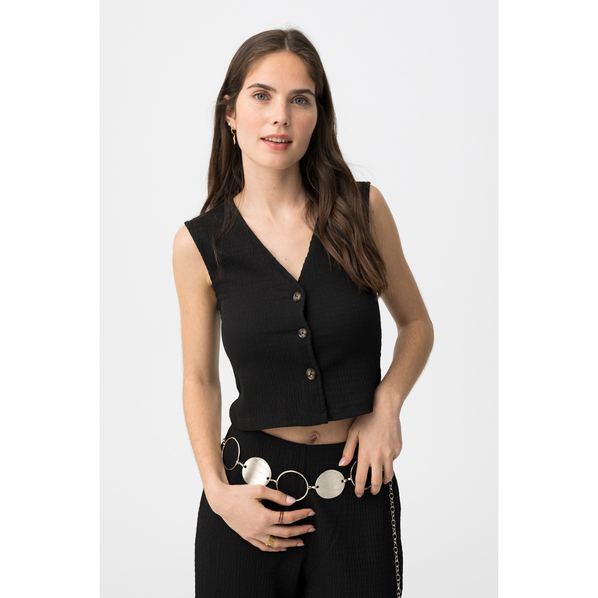 Black Cropped Button Vest - 10064645_000 - Tiffosi
